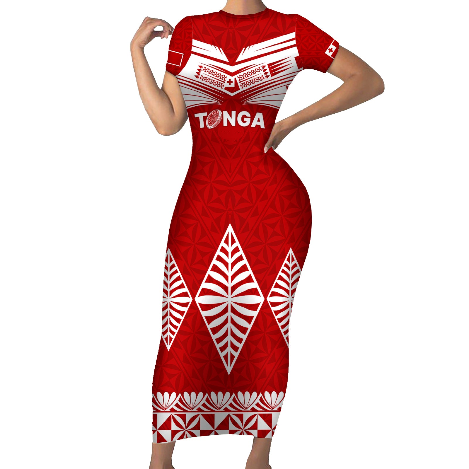 Tonga Rugby Short Sleeve Bodycon Dress Proud Tongan Ngatu Kupesi World Cup 2023 No1 LT9 Long Dress White - Polynesian Pride