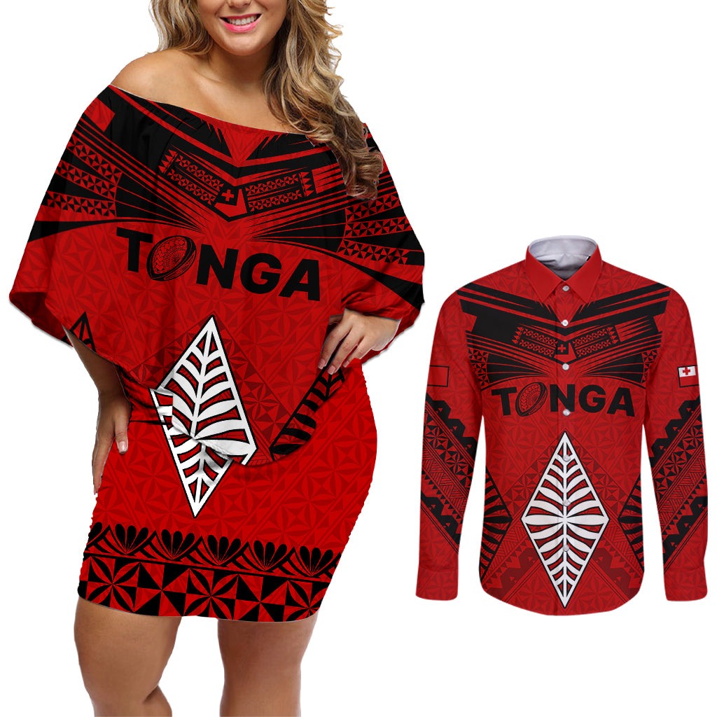 Tonga Rugby Couples Matching Off Shoulder Short Dress and Long Sleeve Button Shirts Proud Tongan Ngatu Kupesi World Cup 2023 No2 LT9 Black - Polynesian Pride