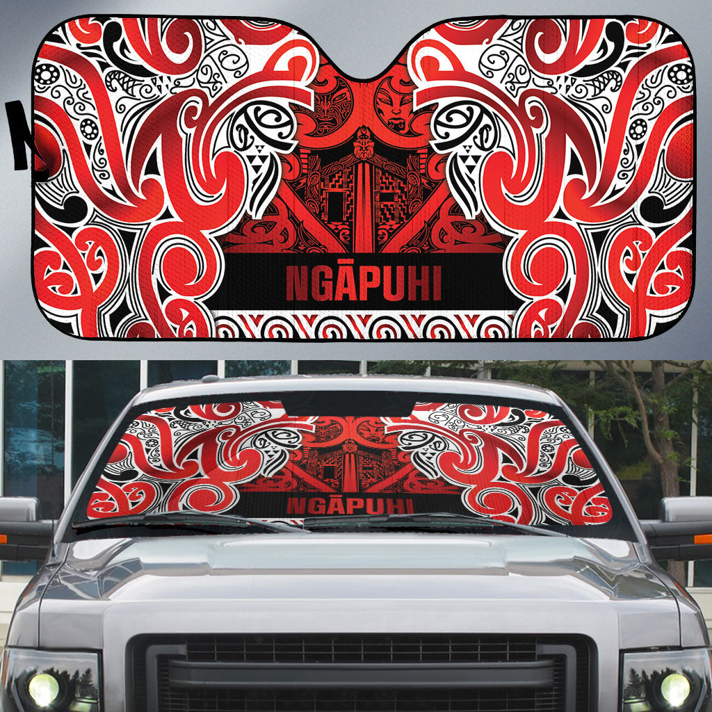 Aotearoa Iwi Ngapuhi Auto Sun Shade Maori Wharenui House Tribal Pattern LT9 Red - Polynesian Pride