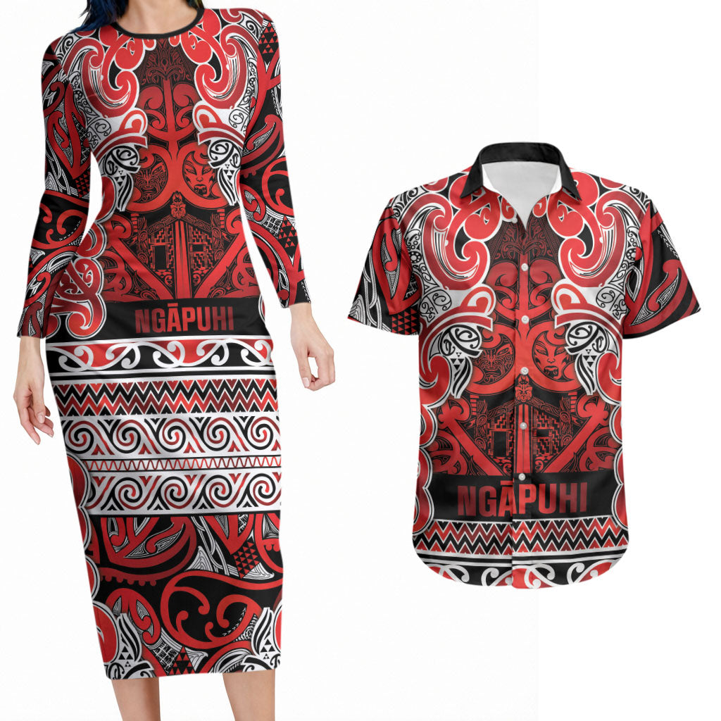 Aotearoa Iwi Ngapuhi Couples Matching Long Sleeve Bodycon Dress and Hawaiian Shirt Maori Wharenui House Tribal Pattern LT9 Red - Polynesian Pride