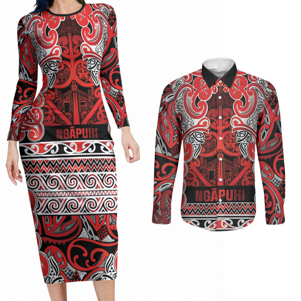 Aotearoa Iwi Ngapuhi Couples Matching Long Sleeve Bodycon Dress and Long Sleeve Button Shirt Maori Wharenui House Tribal Pattern LT9 Red - Polynesian Pride