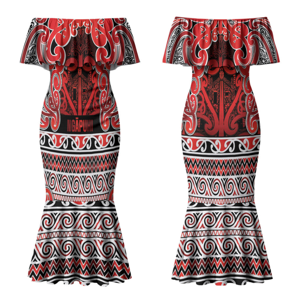 Aotearoa Iwi Ngapuhi Couples Matching Mermaid Dress and Hawaiian Shirt Maori Wharenui House Tribal Pattern
