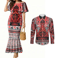 Aotearoa Iwi Ngapuhi Couples Matching Mermaid Dress and Long Sleeve Button Shirt Maori Wharenui House Tribal Pattern