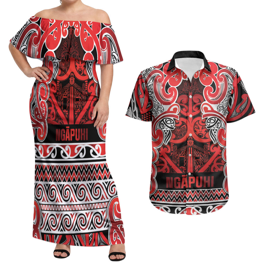 Aotearoa Iwi Ngapuhi Couples Matching Off Shoulder Maxi Dress and Hawaiian Shirt Maori Wharenui House Tribal Pattern LT9 Red - Polynesian Pride