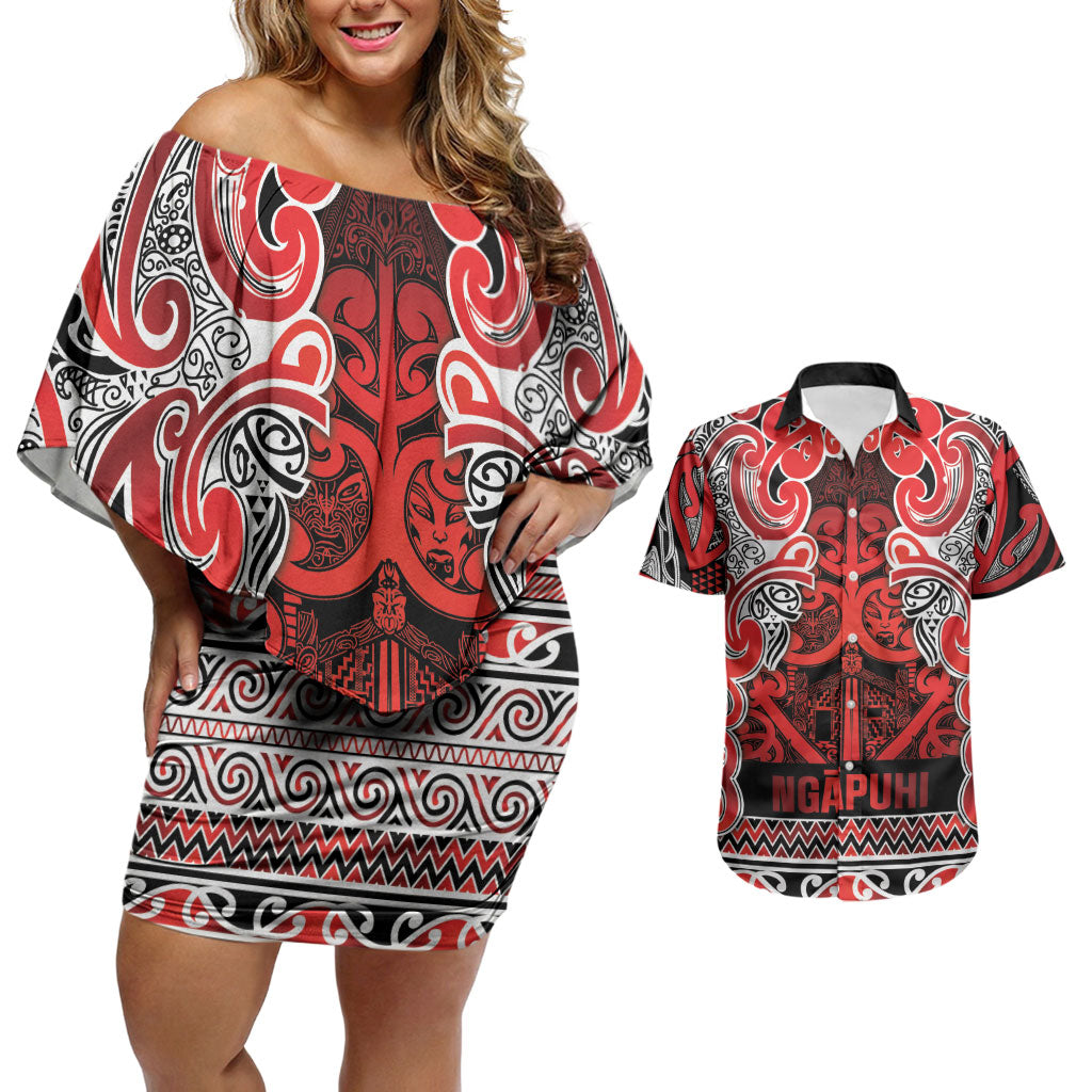 Aotearoa Iwi Ngapuhi Couples Matching Off Shoulder Short Dress and Hawaiian Shirt Maori Wharenui House Tribal Pattern LT9 Red - Polynesian Pride