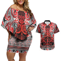 Aotearoa Iwi Ngapuhi Couples Matching Off Shoulder Short Dress and Hawaiian Shirt Maori Wharenui House Tribal Pattern