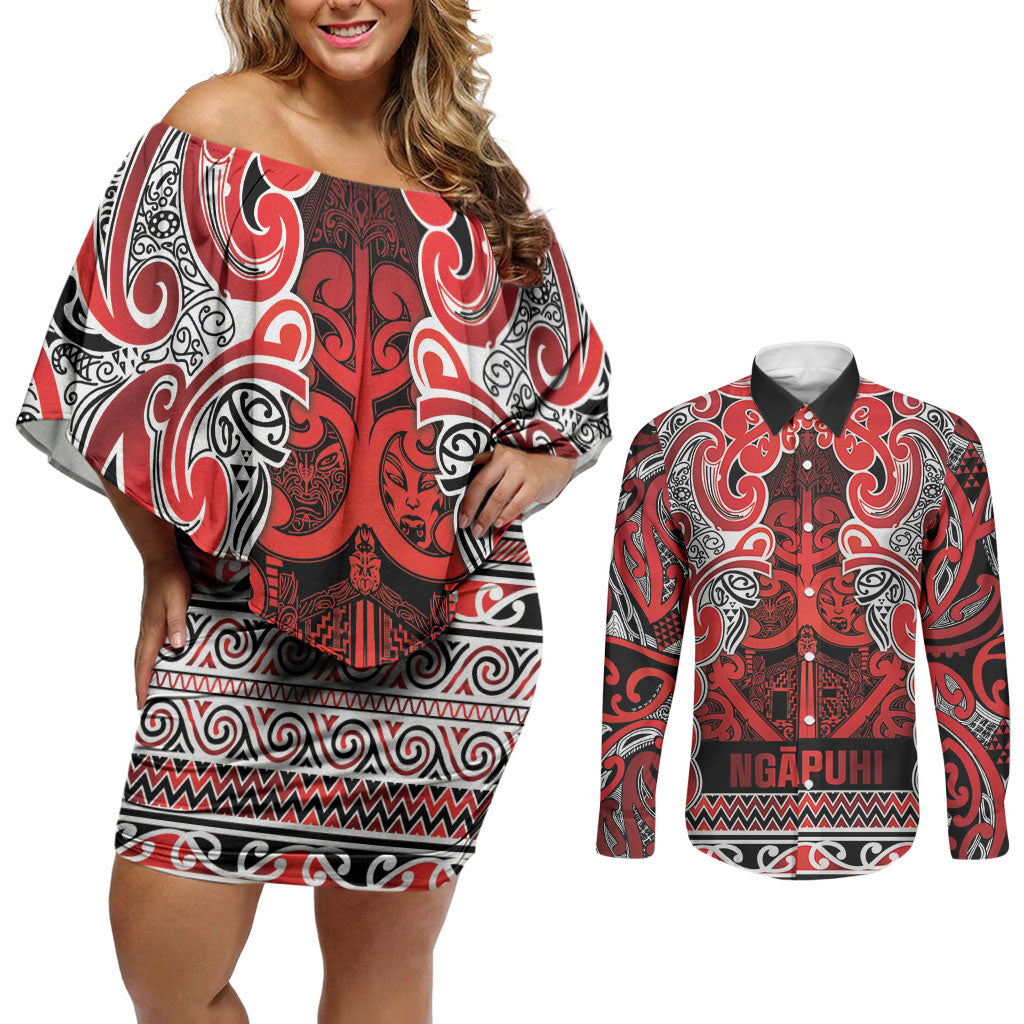 Aotearoa Iwi Ngapuhi Couples Matching Off Shoulder Short Dress and Long Sleeve Button Shirt Maori Wharenui House Tribal Pattern LT9 Red - Polynesian Pride