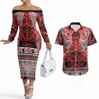 Aotearoa Iwi Ngapuhi Couples Matching Off The Shoulder Long Sleeve Dress and Hawaiian Shirt Maori Wharenui House Tribal Pattern