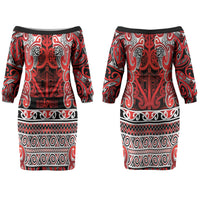 Aotearoa Iwi Ngapuhi Couples Matching Off The Shoulder Long Sleeve Dress and Hawaiian Shirt Maori Wharenui House Tribal Pattern