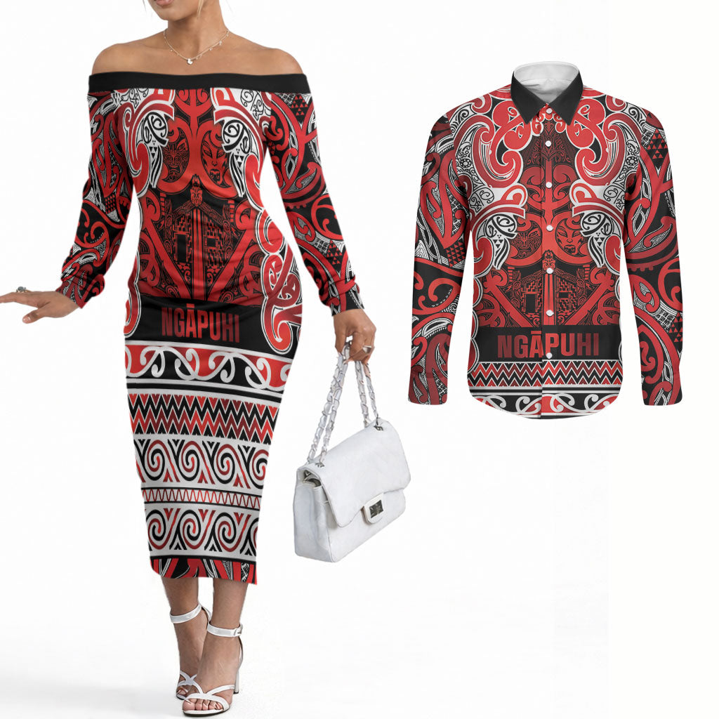 Aotearoa Iwi Ngapuhi Couples Matching Off The Shoulder Long Sleeve Dress and Long Sleeve Button Shirt Maori Wharenui House Tribal Pattern LT9 Red - Polynesian Pride