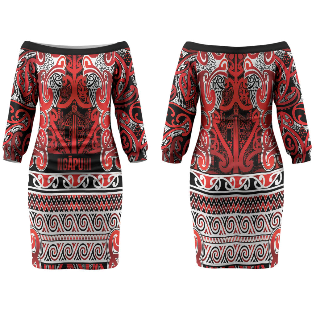 Aotearoa Iwi Ngapuhi Couples Matching Off The Shoulder Long Sleeve Dress and Long Sleeve Button Shirt Maori Wharenui House Tribal Pattern