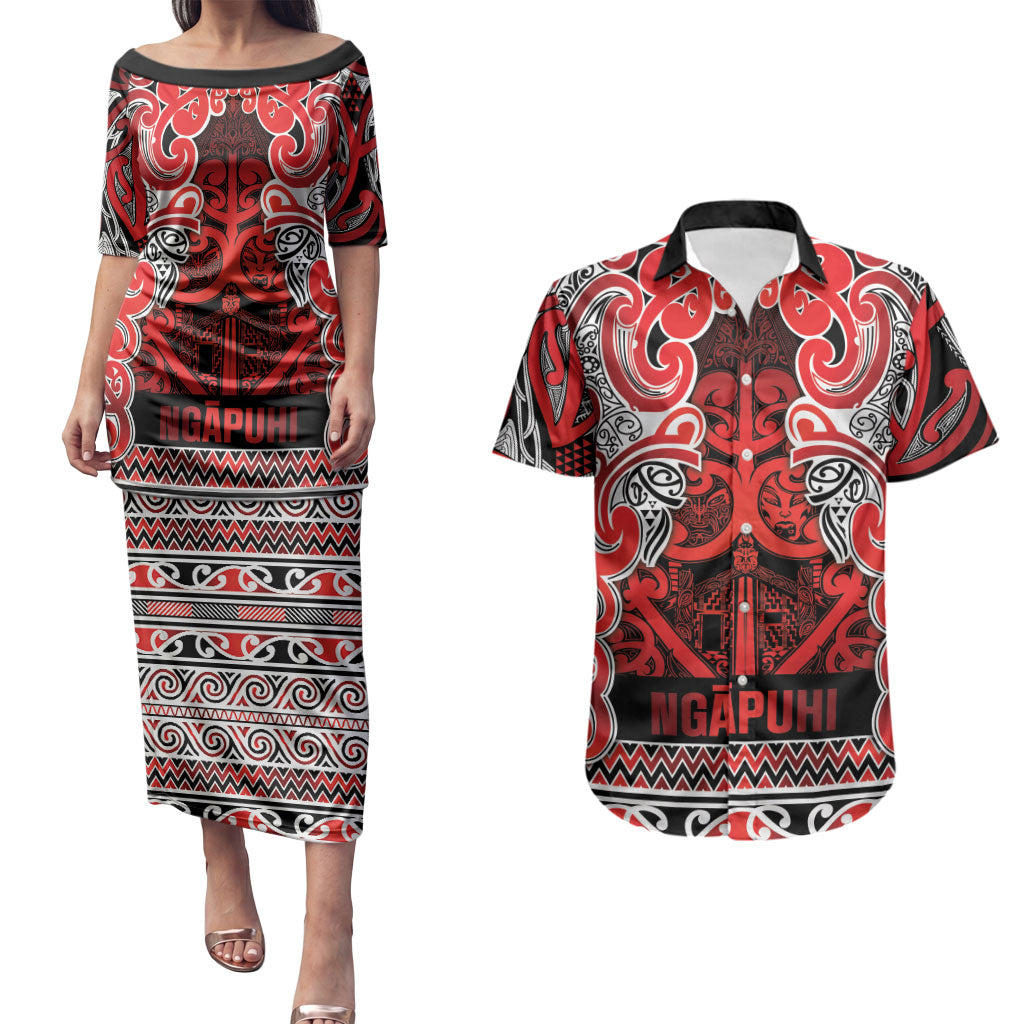 Aotearoa Iwi Ngapuhi Couples Matching Puletasi and Hawaiian Shirt Maori Wharenui House Tribal Pattern LT9 Red - Polynesian Pride