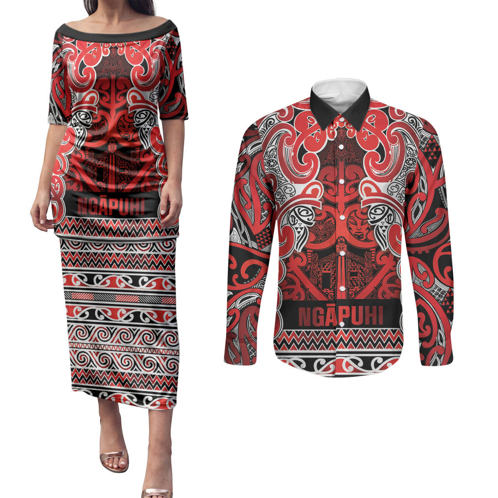 Aotearoa Iwi Ngapuhi Couples Matching Puletasi and Long Sleeve Button Shirt Maori Wharenui House Tribal Pattern