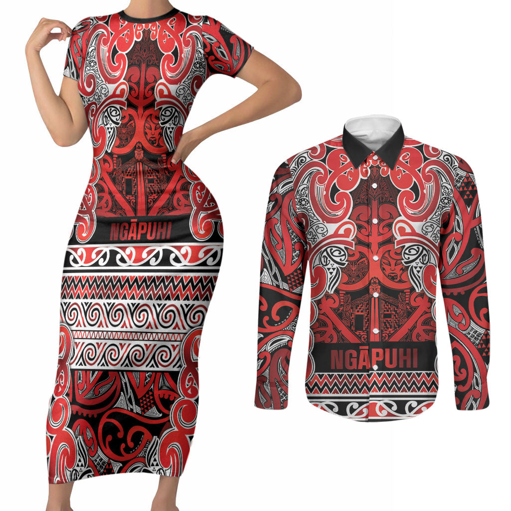Aotearoa Iwi Ngapuhi Couples Matching Short Sleeve Bodycon Dress and Long Sleeve Button Shirt Maori Wharenui House Tribal Pattern LT9 Red - Polynesian Pride