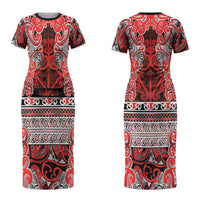 Aotearoa Iwi Ngapuhi Couples Matching Short Sleeve Bodycon Dress and Long Sleeve Button Shirt Maori Wharenui House Tribal Pattern