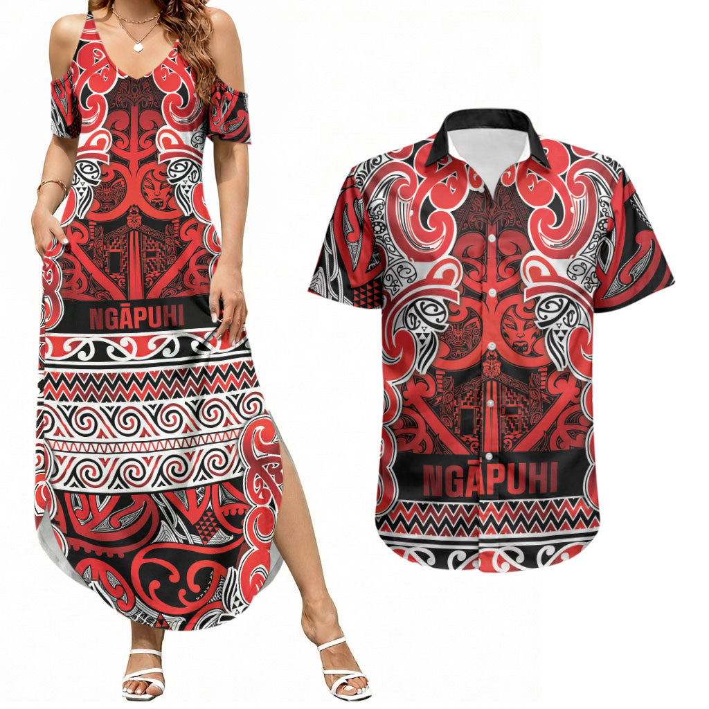 Aotearoa Iwi Ngapuhi Couples Matching Summer Maxi Dress and Hawaiian Shirt Maori Wharenui House Tribal Pattern LT9 Red - Polynesian Pride