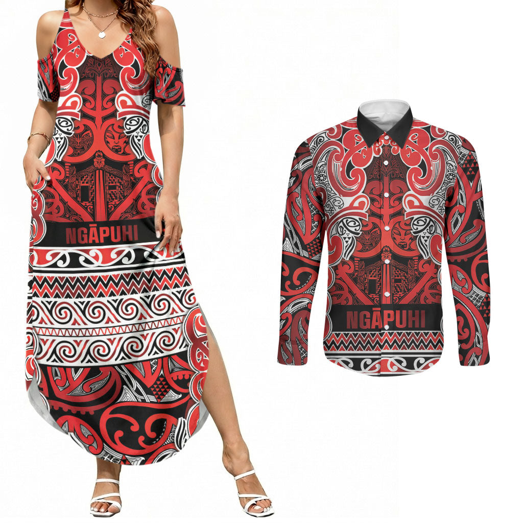 Aotearoa Iwi Ngapuhi Couples Matching Summer Maxi Dress and Long Sleeve Button Shirt Maori Wharenui House Tribal Pattern LT9 Red - Polynesian Pride