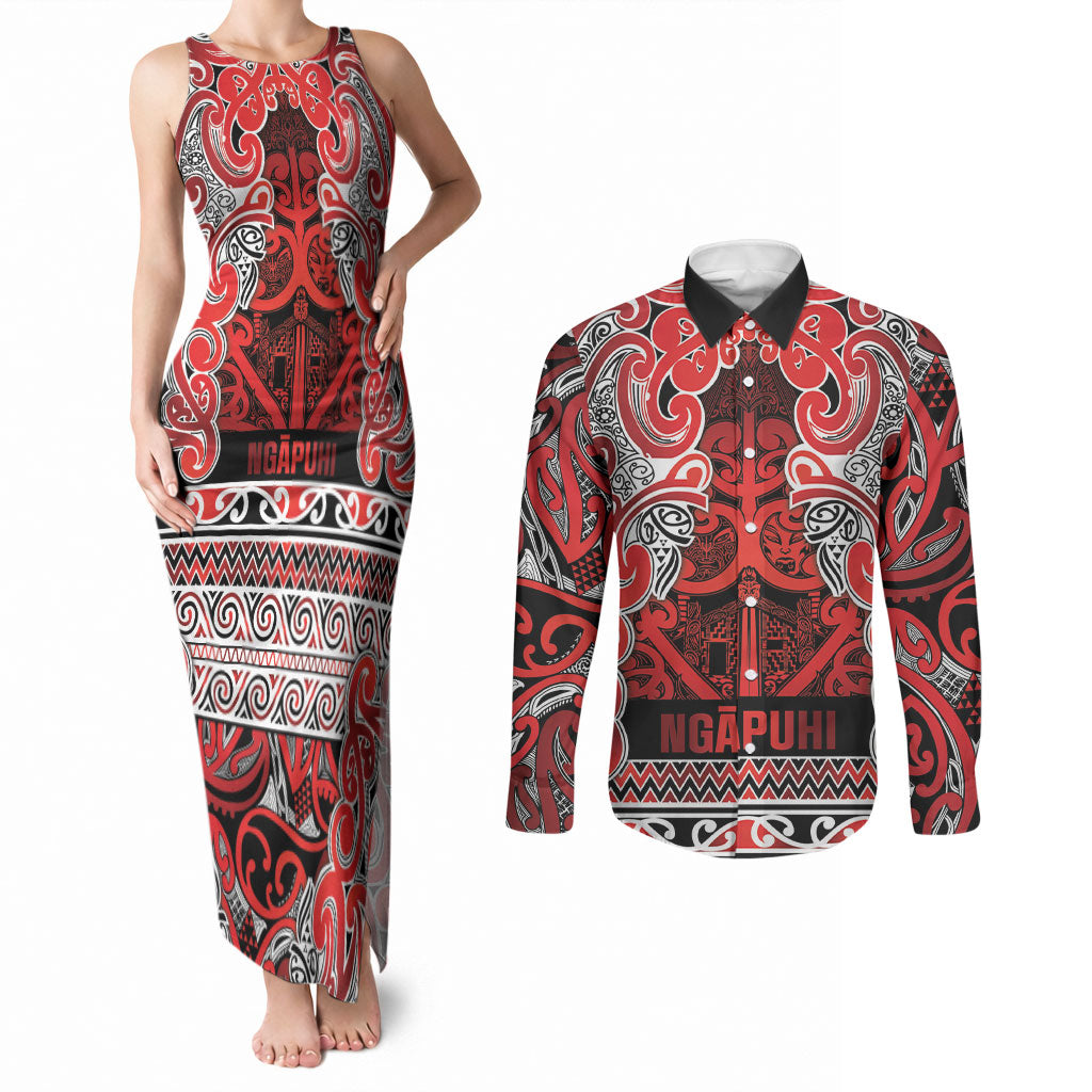 Aotearoa Iwi Ngapuhi Couples Matching Tank Maxi Dress and Long Sleeve Button Shirt Maori Wharenui House Tribal Pattern LT9 Red - Polynesian Pride