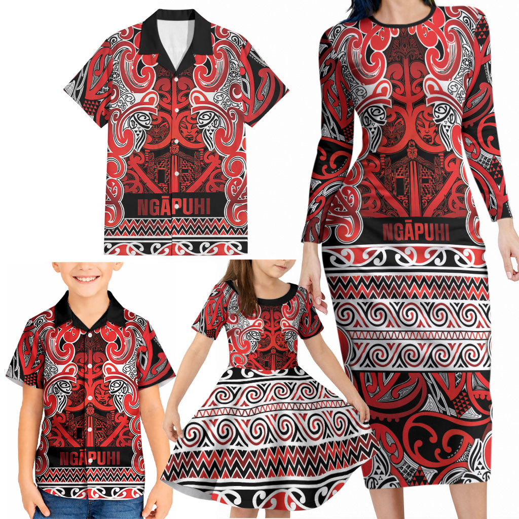 Aotearoa Iwi Ngapuhi Family Matching Long Sleeve Bodycon Dress and Hawaiian Shirt Maori Wharenui House Tribal Pattern