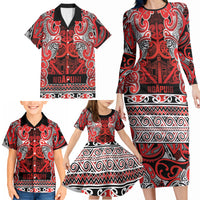 Aotearoa Iwi Ngapuhi Family Matching Long Sleeve Bodycon Dress and Hawaiian Shirt Maori Wharenui House Tribal Pattern