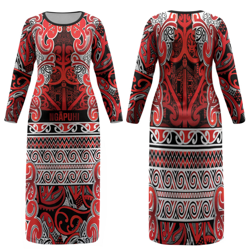 Aotearoa Iwi Ngapuhi Family Matching Long Sleeve Bodycon Dress and Hawaiian Shirt Maori Wharenui House Tribal Pattern
