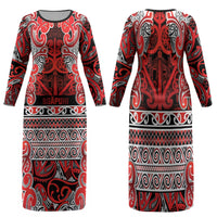 Aotearoa Iwi Ngapuhi Family Matching Long Sleeve Bodycon Dress and Hawaiian Shirt Maori Wharenui House Tribal Pattern