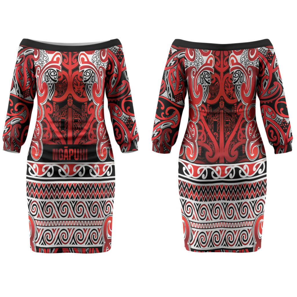 Aotearoa Iwi Ngapuhi Family Matching Off The Shoulder Long Sleeve Dress and Hawaiian Shirt Maori Wharenui House Tribal Pattern