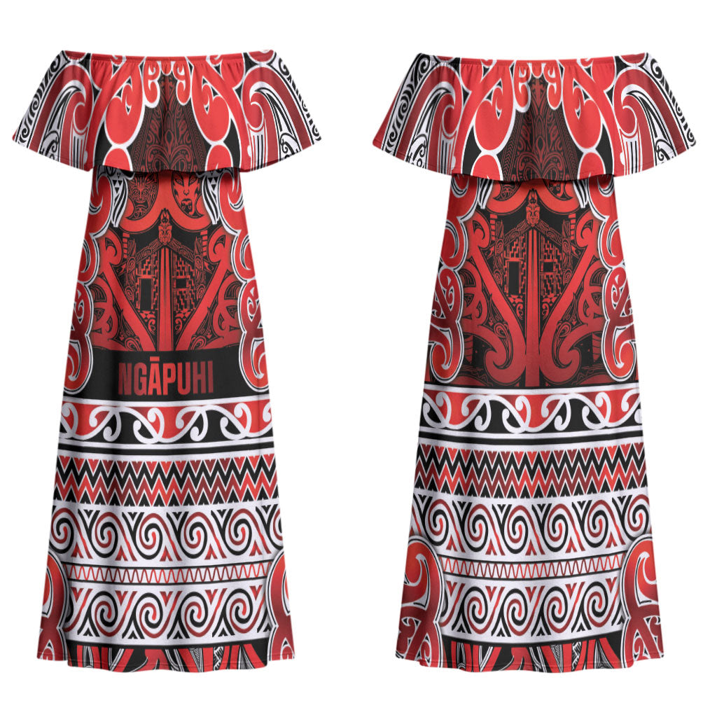 Aotearoa Iwi Ngapuhi Family Matching Off Shoulder Maxi Dress and Hawaiian Shirt Maori Wharenui House Tribal Pattern