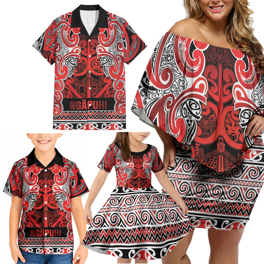 Aotearoa Iwi Ngapuhi Family Matching Off Shoulder Short Dress and Hawaiian Shirt Maori Wharenui House Tribal Pattern LT9 - Polynesian Pride