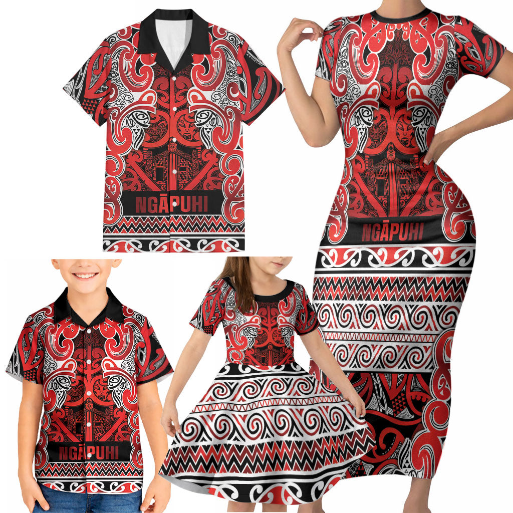 Aotearoa Iwi Ngapuhi Family Matching Short Sleeve Bodycon Dress and Hawaiian Shirt Maori Wharenui House Tribal Pattern