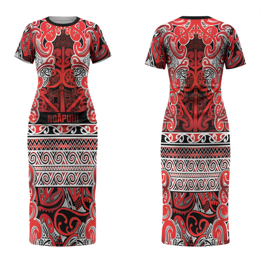 Aotearoa Iwi Ngapuhi Family Matching Short Sleeve Bodycon Dress and Hawaiian Shirt Maori Wharenui House Tribal Pattern