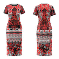 Aotearoa Iwi Ngapuhi Family Matching Short Sleeve Bodycon Dress and Hawaiian Shirt Maori Wharenui House Tribal Pattern
