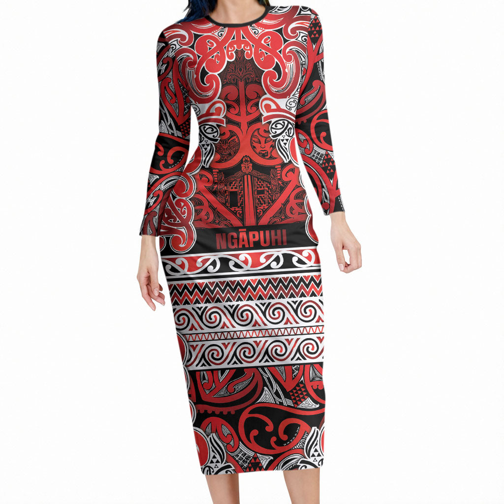 Aotearoa Iwi Ngapuhi Long Sleeve Bodycon Dress Maori Wharenui House Tribal Pattern