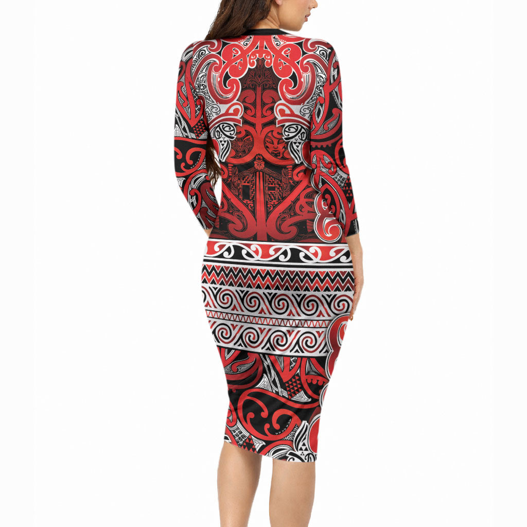 Aotearoa Iwi Ngapuhi Long Sleeve Bodycon Dress Maori Wharenui House Tribal Pattern
