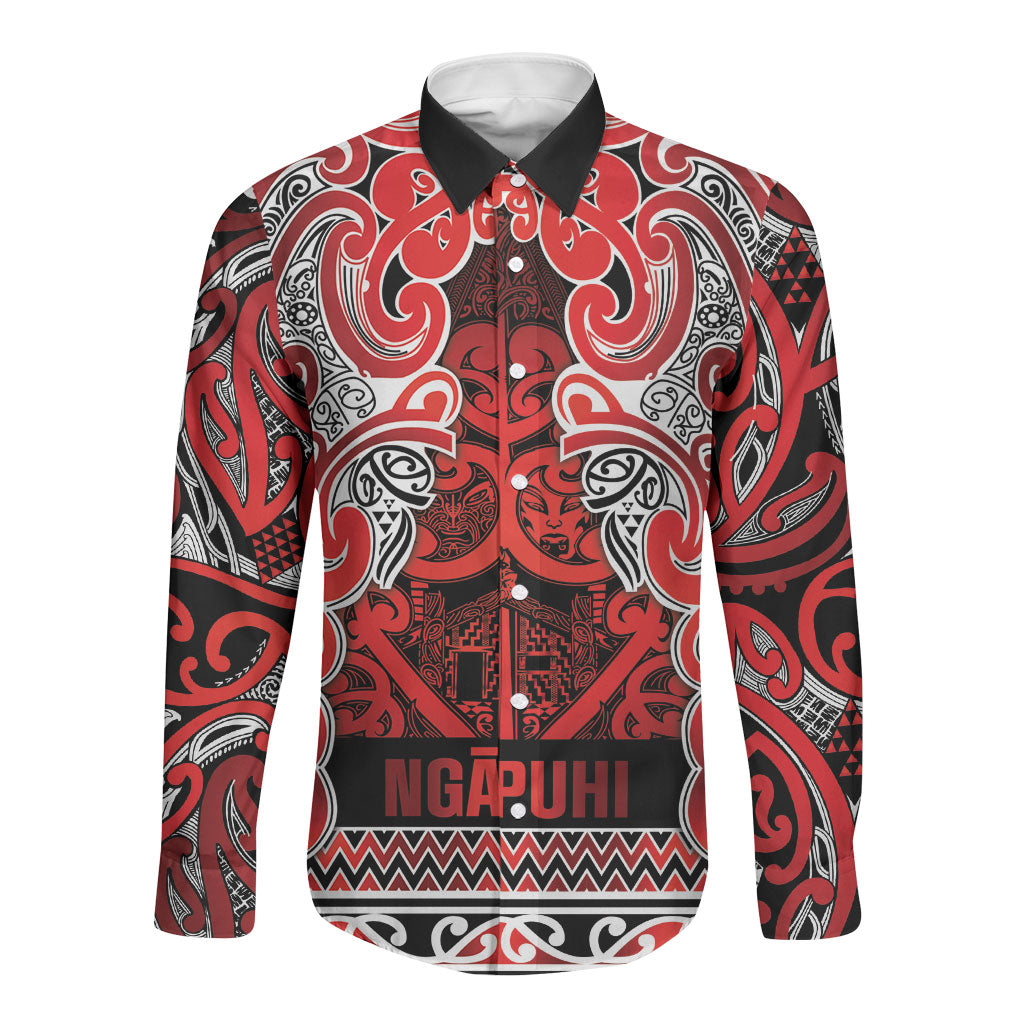 Aotearoa Iwi Ngapuhi Long Sleeve Button Shirt Maori Wharenui House Tribal Pattern LT9 Unisex Red - Polynesian Pride
