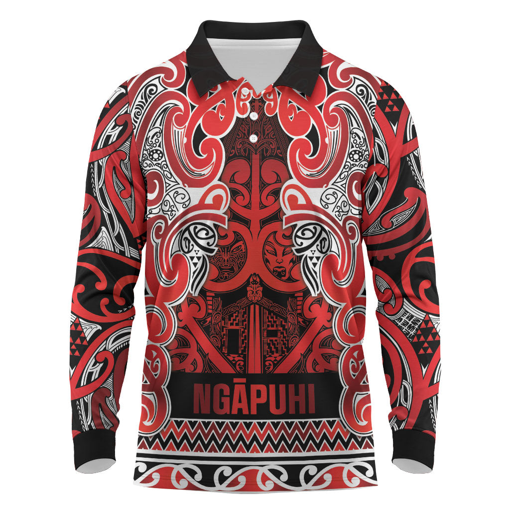 Aotearoa Iwi Ngapuhi Long Sleeve Polo Shirt Maori Wharenui House Tribal Pattern LT9 Red - Polynesian Pride