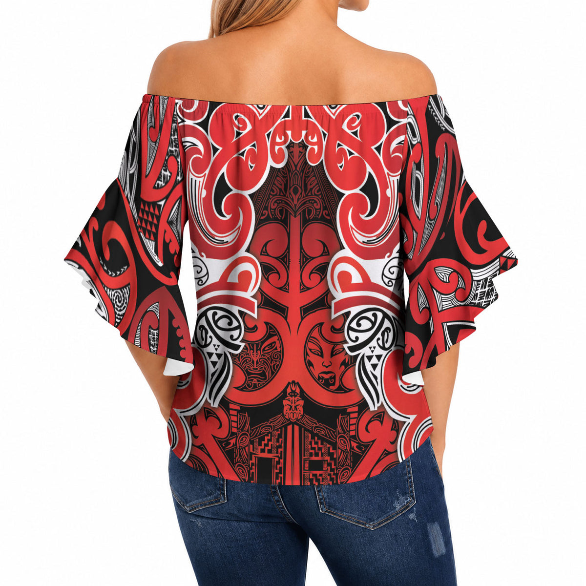 Aotearoa Iwi Ngapuhi Off Shoulder Wrap Waist Top Maori Wharenui House Tribal Pattern