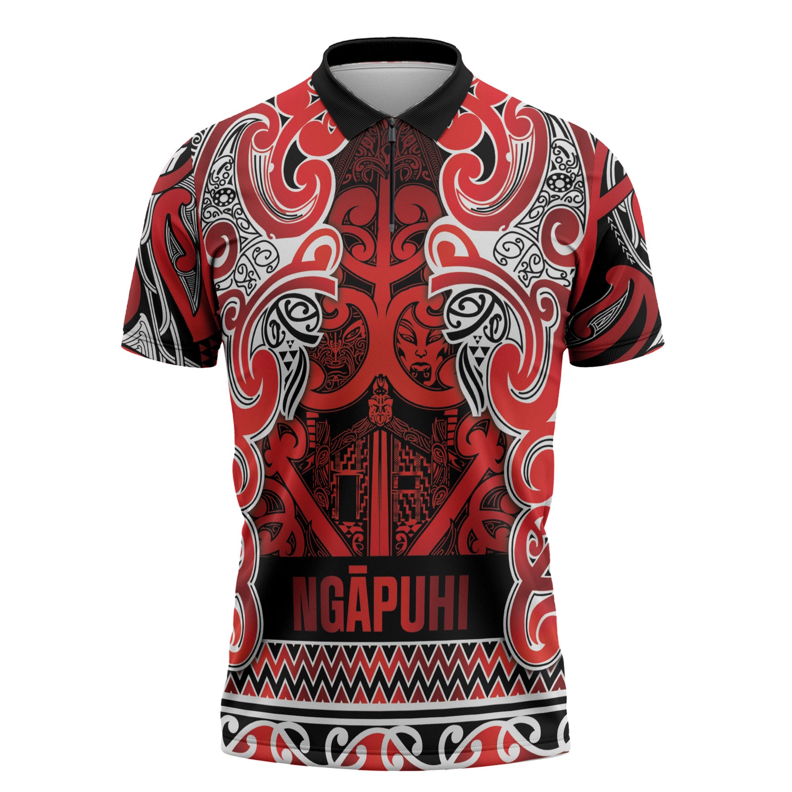 Aotearoa Iwi Ngapuhi Zipper Polo Shirt Maori Wharenui House Tribal Pattern LT9 Red - Polynesian Pride