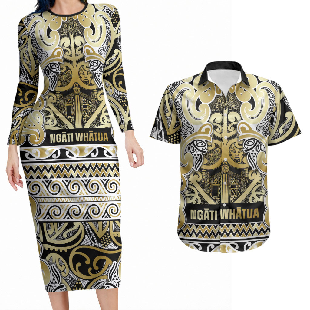 Aotearoa Iwi Ngati Whatua Couples Matching Long Sleeve Bodycon Dress and Hawaiian Shirt Maori Wharenui House Tribal Pattern LT9 Gold - Polynesian Pride