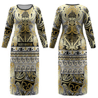Aotearoa Iwi Ngati Whatua Couples Matching Long Sleeve Bodycon Dress and Hawaiian Shirt Maori Wharenui House Tribal Pattern