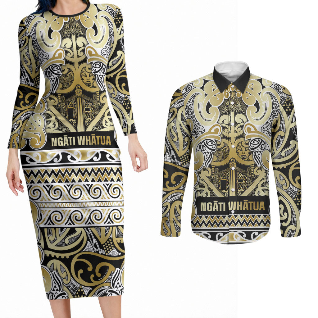 Aotearoa Iwi Ngati Whatua Couples Matching Long Sleeve Bodycon Dress and Long Sleeve Button Shirt Maori Wharenui House Tribal Pattern LT9 Gold - Polynesian Pride