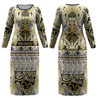 Aotearoa Iwi Ngati Whatua Couples Matching Long Sleeve Bodycon Dress and Long Sleeve Button Shirt Maori Wharenui House Tribal Pattern