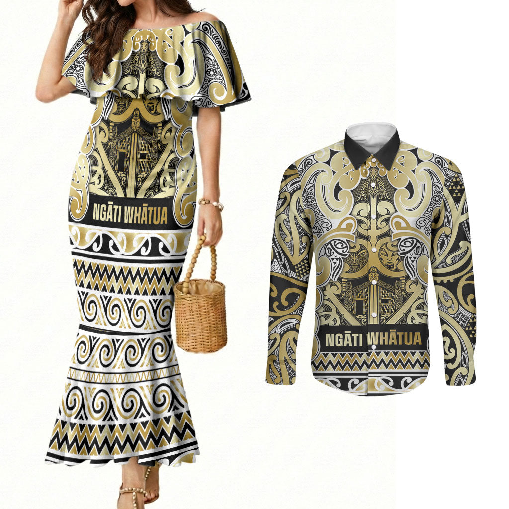 Aotearoa Iwi Ngati Whatua Couples Matching Mermaid Dress and Long Sleeve Button Shirt Maori Wharenui House Tribal Pattern LT9 Gold - Polynesian Pride