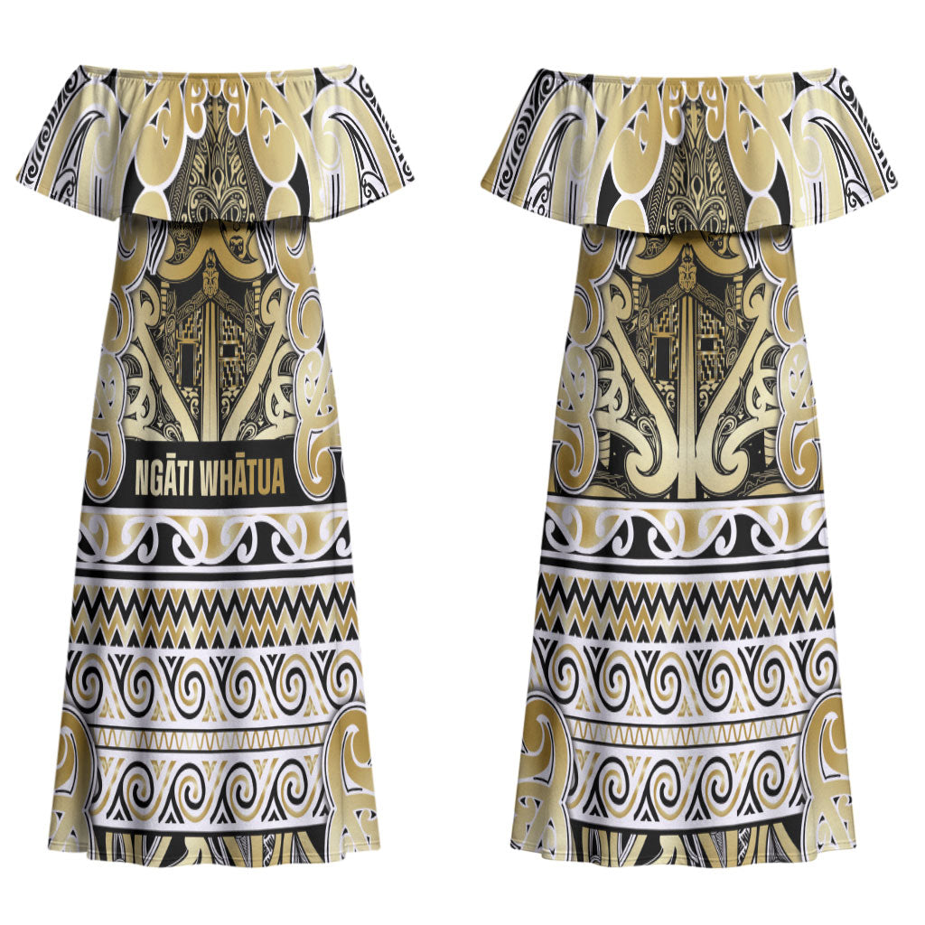 Aotearoa Iwi Ngati Whatua Couples Matching Off Shoulder Maxi Dress and Hawaiian Shirt Maori Wharenui House Tribal Pattern
