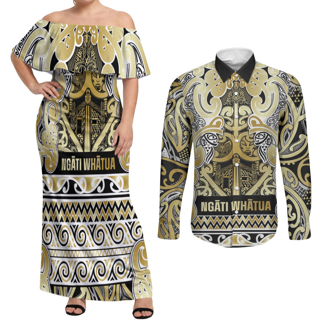 Aotearoa Iwi Ngati Whatua Couples Matching Off Shoulder Maxi Dress and Long Sleeve Button Shirt Maori Wharenui House Tribal Pattern LT9 Gold - Polynesian Pride