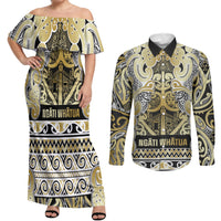 Aotearoa Iwi Ngati Whatua Couples Matching Off Shoulder Maxi Dress and Long Sleeve Button Shirt Maori Wharenui House Tribal Pattern