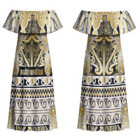 Aotearoa Iwi Ngati Whatua Couples Matching Off Shoulder Maxi Dress and Long Sleeve Button Shirt Maori Wharenui House Tribal Pattern