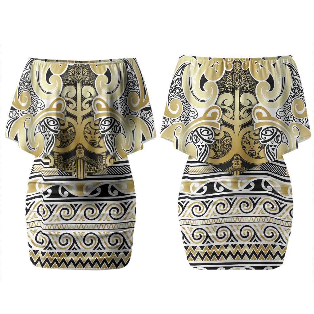 Aotearoa Iwi Ngati Whatua Couples Matching Off Shoulder Short Dress and Hawaiian Shirt Maori Wharenui House Tribal Pattern