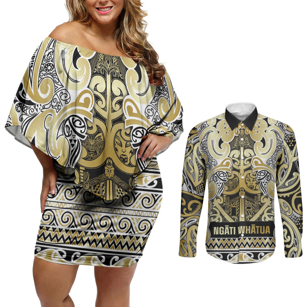 Aotearoa Iwi Ngati Whatua Couples Matching Off Shoulder Short Dress and Long Sleeve Button Shirt Maori Wharenui House Tribal Pattern