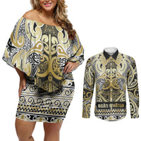Aotearoa Iwi Ngati Whatua Couples Matching Off Shoulder Short Dress and Long Sleeve Button Shirt Maori Wharenui House Tribal Pattern